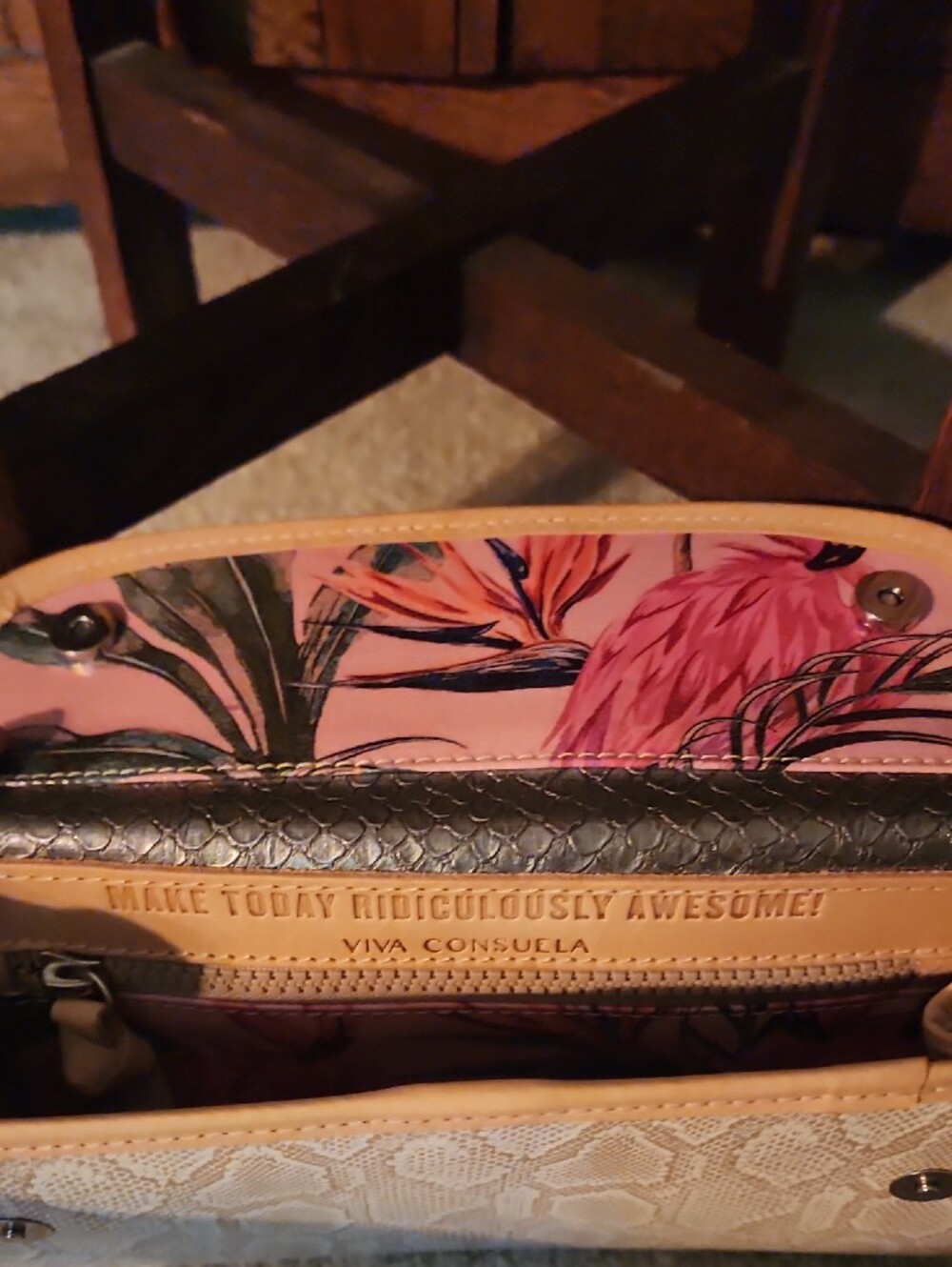 Consuela Cream Snake-Print Continental Wallet with Tan Trim - Picture 3 of 3